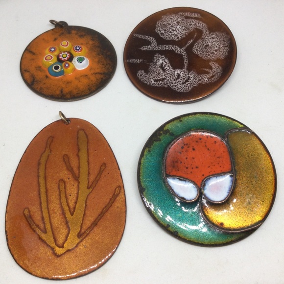 Lot Artisan Copper Enamel Abstract Design Brooches Pendant Jewelry - Picture 1 of 7